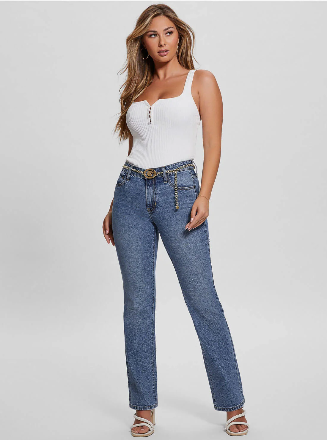 Mid-Rise G-Belt Sexy Straight Leg Denim Jeans In Lunar Blue Wash
